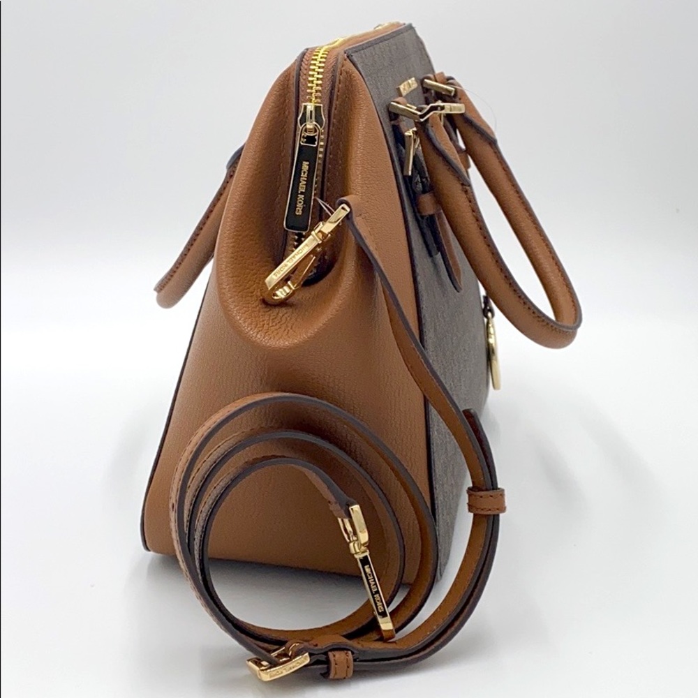 MICHAEL KORS CHARLOTTE LARGE SATCHEL BROWN MULTI - Picture 9 of 16